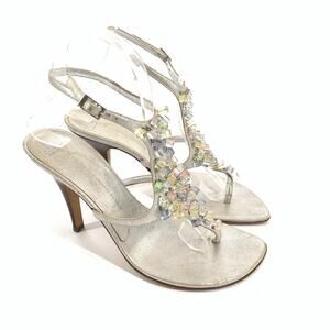 Giuseppe Zanotti Vicini Beaded Open Toe High Stiletto Sandals 9.5 Silver Pastel